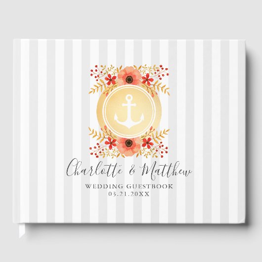 Nautische Waterverf Floral Gold Anchor Wedding Gastenboek (Voorkant)