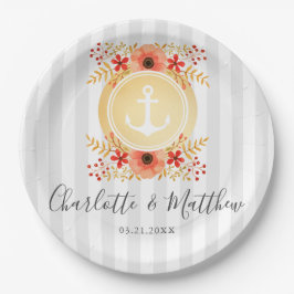 Nautische Waterverf Floral Gold Anchor Wedding Papieren Bordje