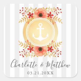 Nautische Waterverf Floral Gold Anchor Wedding Vierkante Sticker