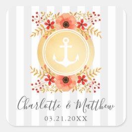 Nautische Waterverf Floral Gold Anchor Wedding Vierkante Sticker