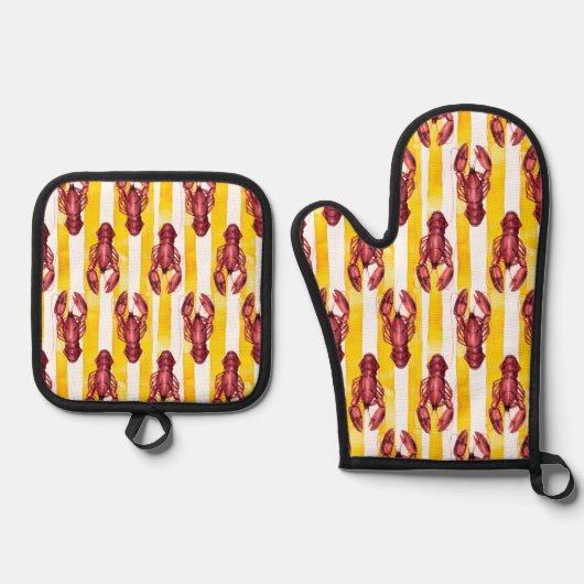 nautische Waterverf kreeft geel streep Ovenwant & Pannenlap Set (Voorkant)