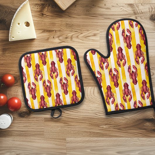 nautische Waterverf kreeft geel streep Ovenwant & Pannenlap Set