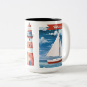 Nautische Waterverf Ocean Sailboat gepersonaliseer Tweekleurige Koffiemok (Voorkant rechts)