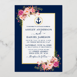 Nautische Waterverf roze Floral Blue Gold Folie Uitnodiging