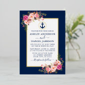 Nautische Waterverf roze Floral Blue Gold Folie Uitnodiging (Staand Voorkant)