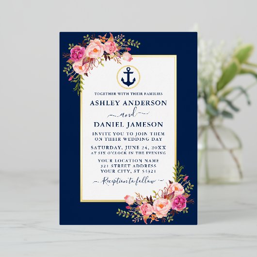 Nautische Waterverf roze Floral Blue Gold Folie Uitnodiging (Staand Voorkant)