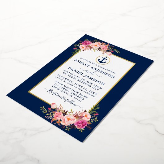Nautische Waterverf roze Floral Blue Gold Folie Uitnodiging (Gedraaid)