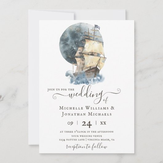 nautische Waterverf schip zeilen strand bruiloft Kaart (Voorkant)