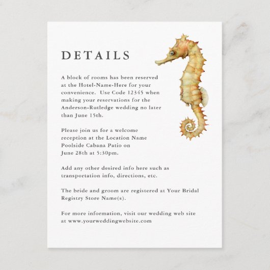 Nautische Waterverf Seahorse Wedding Details Info Informatiekaartje (Voorkant)