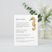 Nautische Waterverf Seahorse Wedding Details Info Informatiekaartje (Staand voorkant)