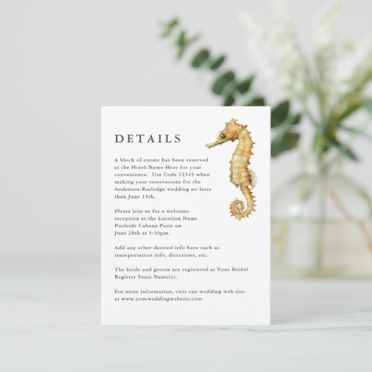 Nautische Waterverf Seahorse Wedding Details Info Informatiekaartje (Staand voorkant)