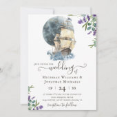 Nautische Waterverf Ship Sailing Lavendel Bruiloft Kaart (Voorkant)