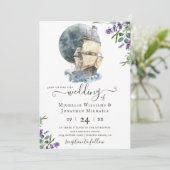 Nautische Waterverf Ship Sailing Lavendel Bruiloft Kaart (Staand voorkant)