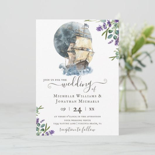 Nautische Waterverf Ship Sailing Lavendel Bruiloft Kaart (Staand voorkant)