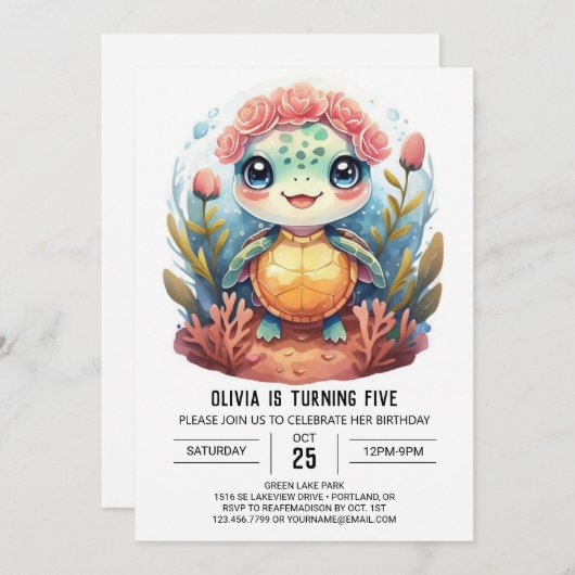 Nautische Waterverf Turtle Meisje Verjaardag Kaart (Voorkant / Achterkant)