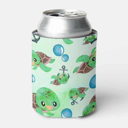 Nautische Waterverf Zee Schildpad Ankers & Bubbels Blikjeskoeler (Blikje Voorkant)