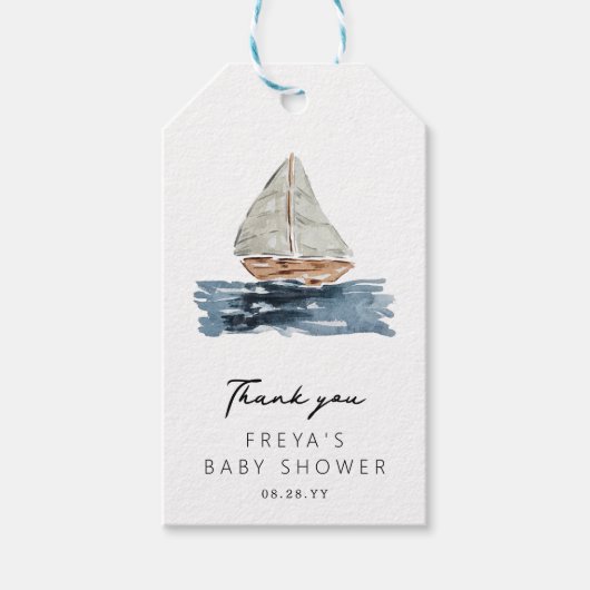 Nautische Waterverf zeilboot Baby shower Dank u Cadeaulabel (Voorkant)