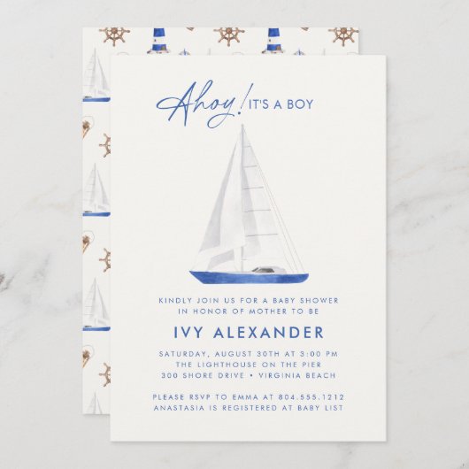 nautische Waterverf zeilboot jongen Baby shower Kaart (Voorkant / Achterkant)
