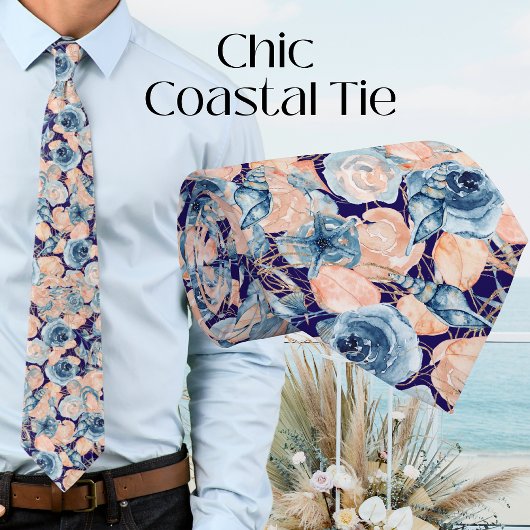 Nautische Wedding Beach Zee Shell Floral Navy Blue Stropdas