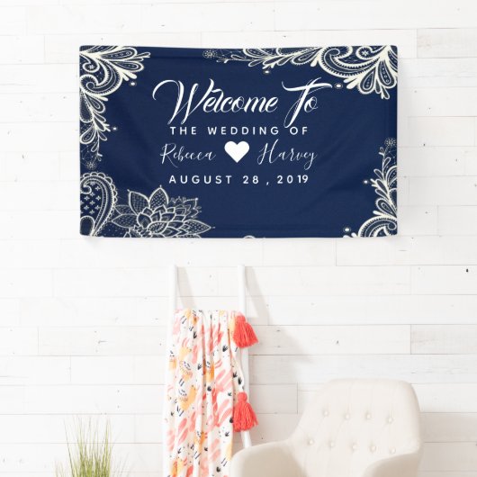 nautische witte kant marine blauwe bruiloft spandoek (Insitu)