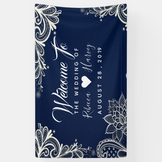 nautische witte kant marine blauwe bruiloft spandoek (Verticaal)