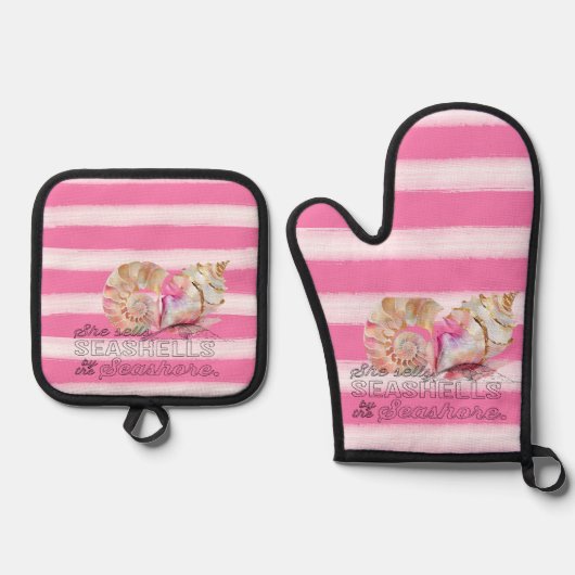 Nautische witte roze strepen gouden schelpen ovenwant & pannenlap set (Voorkant)