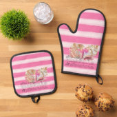 Nautische witte roze strepen gouden schelpen ovenwant & pannenlap set (Top down)
