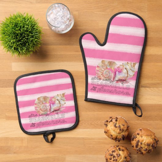 Nautische witte roze strepen gouden schelpen ovenwant & pannenlap set (Top down)