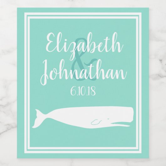 Nautische Witte Walvis & Zee Glas Groene Bruiloft Wijn Etiket (Enkel label)