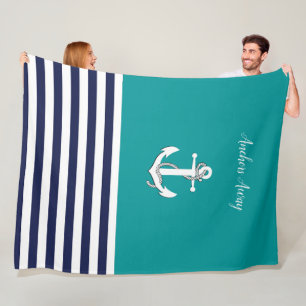 Nautische witte zeilboot / anker weg / aqua / mari fleece deken