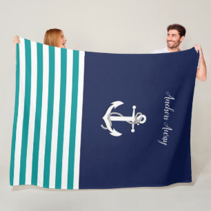 Nautische witte zeilboot / anker weg / aqua / mari fleece deken