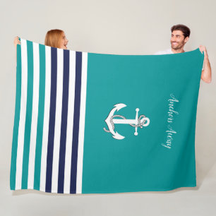 Nautische witte zeilboot / anker weg / aqua / mari fleece deken