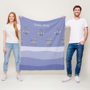Nautische witte zeilboot / ankers weg / blauwe gol fleece deken