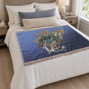 Nautische Zee Schildpad Anker Scheepswiel Blauw Deken