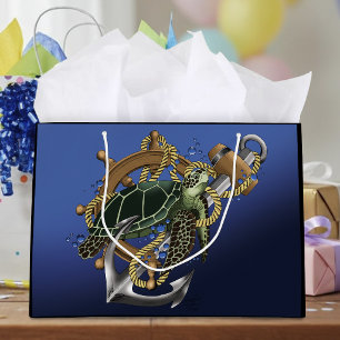 Nautische Zee Schildpad Anker Scheepswiel Blauw Groot Cadeauzakje