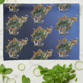 Nautische Zee Schildpad Anker Scheepswiel Blauw Theedoek (Gevouwen)