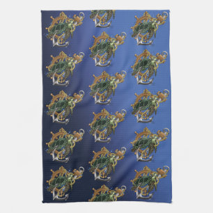 Nautische Zee Schildpad Anker Scheepswiel Blauw Theedoek