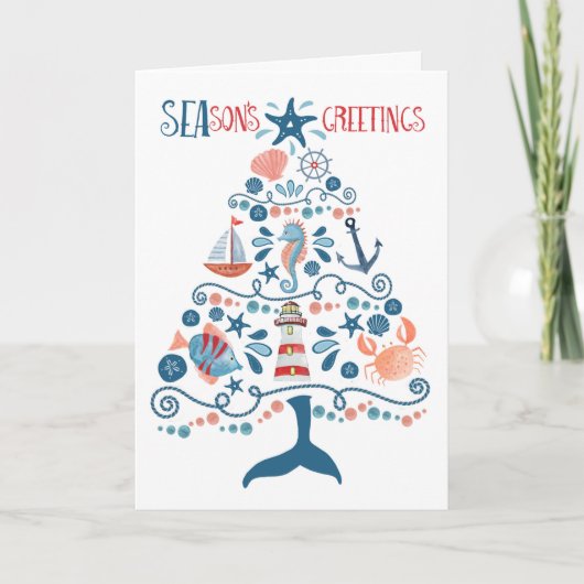 Nautische Zeeen en kerstbomen Feestdagen Kaart (Voorkant)