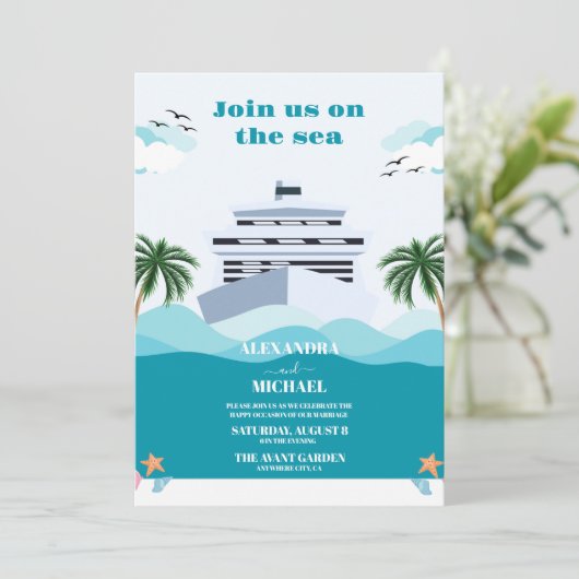 Nautische Zeegezicht Cruise Palm Bruiloft Kaart (Staand voorkant)