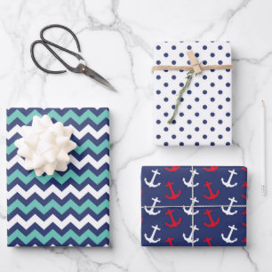 Nautische zeemacht Anchors Cute Polka Dot Zig Zag  Inpakpapier Vel