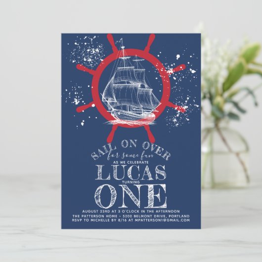 Nautische zeeman eerste verjaardag blauw kaart (Staand voorkant)