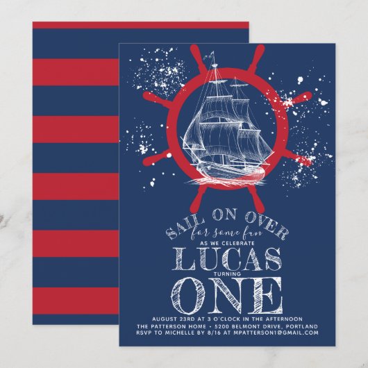 Nautische zeeman eerste verjaardag blauw kaart (Voorkant / Achterkant)