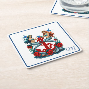 Nautische Zeemeermin Bloemen Rood Blauw Kartonnen Onderzetters