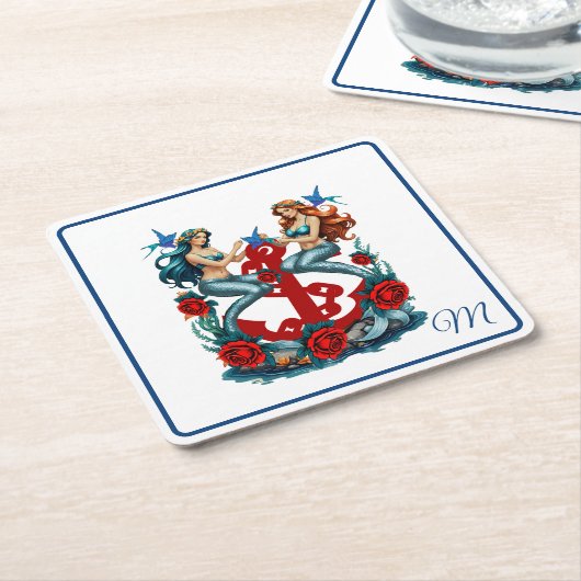 Nautische Zeemeermin Bloemen Rood Blauw Kartonnen Onderzetters (Schuin)