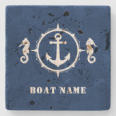 Nautische zeepaardanker met uw bootnaam stenen onderzetter (Voorkant)