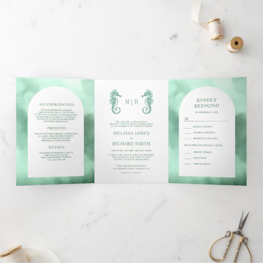 Nautische zeepaardboog Alles in één zeepaardbruilo Drieluik Uitnodiging (Binnen)