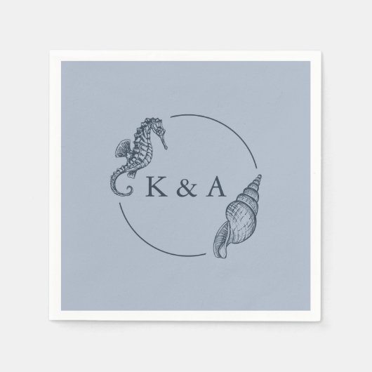 Nautische zeepaardje & Zee Shell bruiloft Monogram Servet (Voorkant)