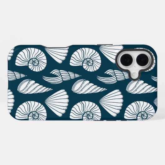 Nautische Zeeschelp Patroon in Wit en Marine iPhone Hoesje (Achterkant horizontaal)