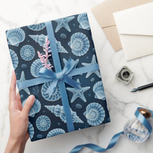 Nautische Zeeschelp Zeester Blauw en Wit Cadeaupapier