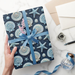 Nautische Zeeschelp Zeester Blauw en Wit Cadeaupapier
